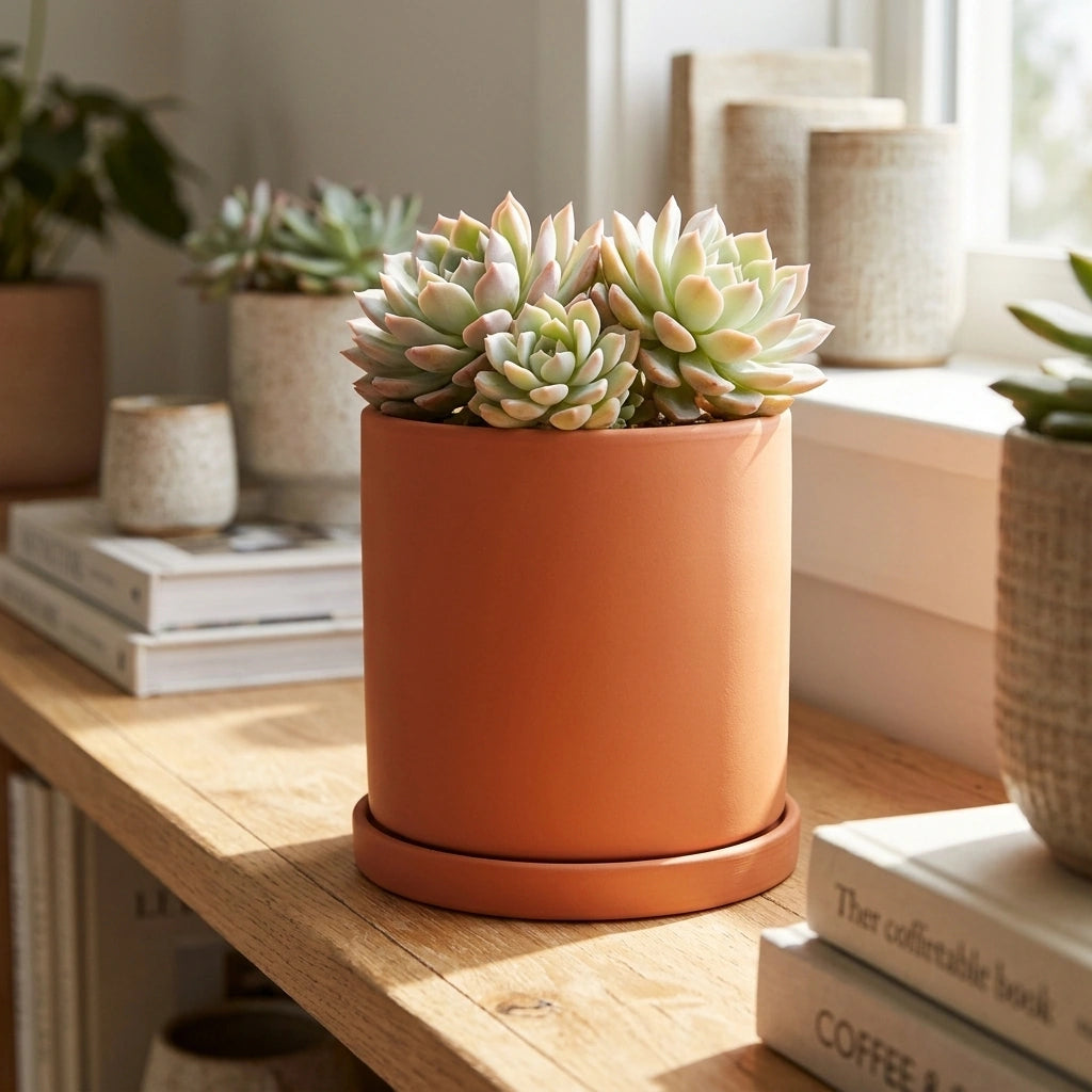 Nordic Industrial Style Colorful Ceramic Flowerpot Succulent Planter Green Plants Cylindrical Shape Flower Pot With Hole Tray — Orange-20x20x20 in a home setting; styling props not included. [fastbatch-70]