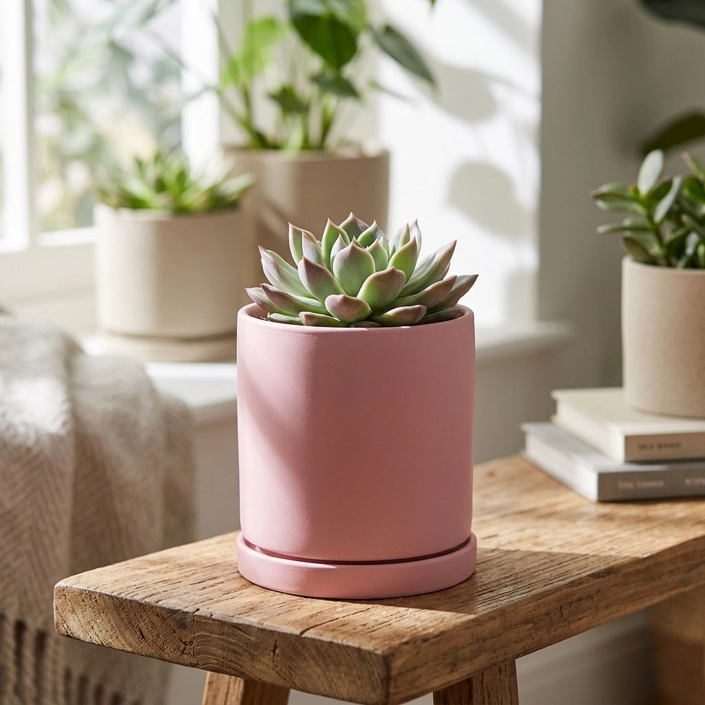 Nordic Industrial Style Colorful Ceramic Flowerpot Succulent Planter Green Plants Cylindrical Shape Flower Pot With Hole Tray — Pink-20x20x20 in a home setting; styling props not included. [fastbatch-71]