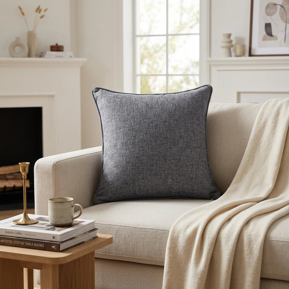 Solid Color Linen Sofa Pillow Cushion Living Room Pillow Cover — Dark Grey-45x45cm in a home setting; styling props not included. [fastbatch-74]