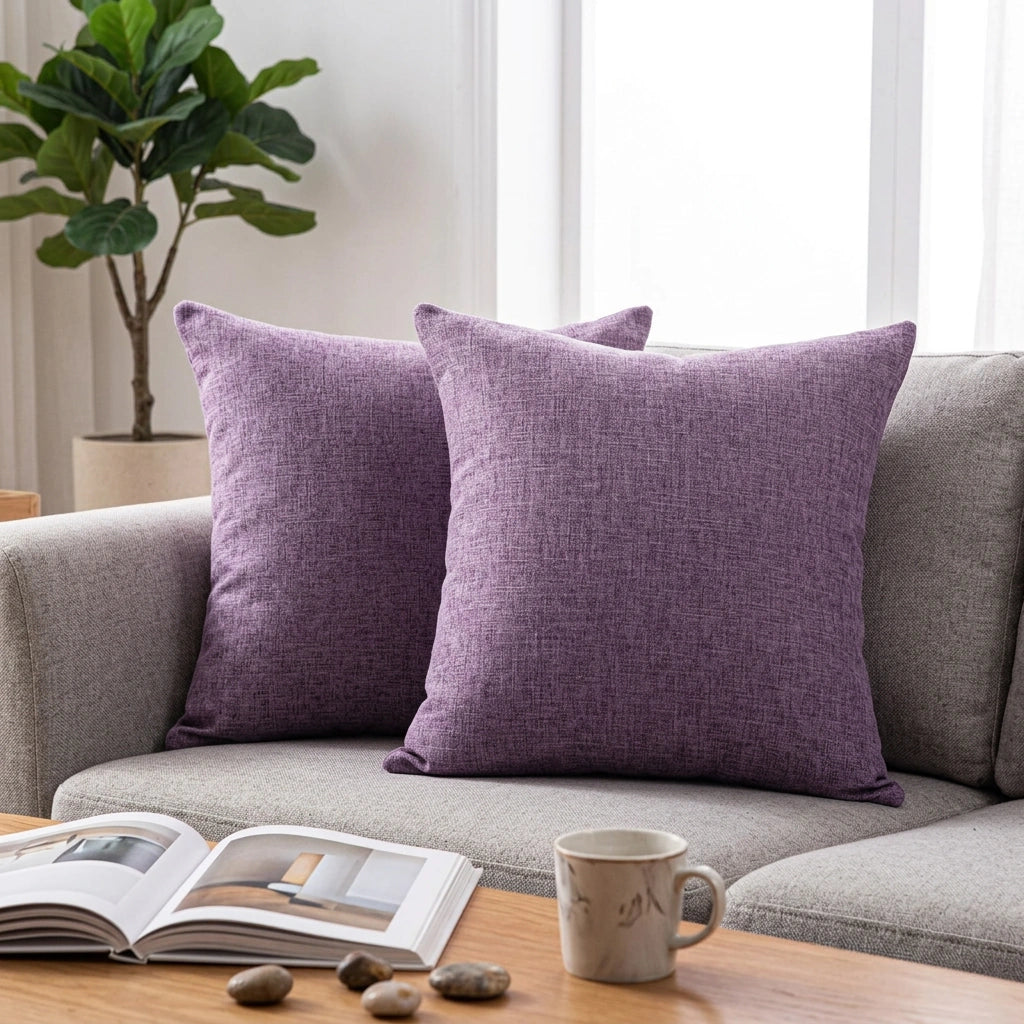 Solid Color Linen Sofa Pillow Cushion Living Room Pillow Cover — Purple-45x45cm in a home setting; styling props not included. [fastbatch-77]