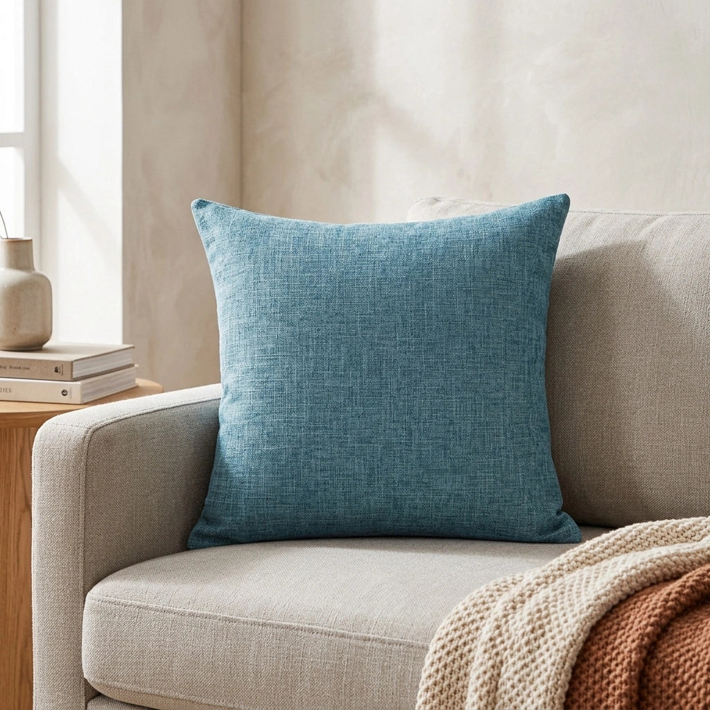 Solid Color Linen Sofa Pillow Cushion Living Room Pillow Cover — Blue-45x45cm in a home setting; styling props not included. [fastbatch-78]