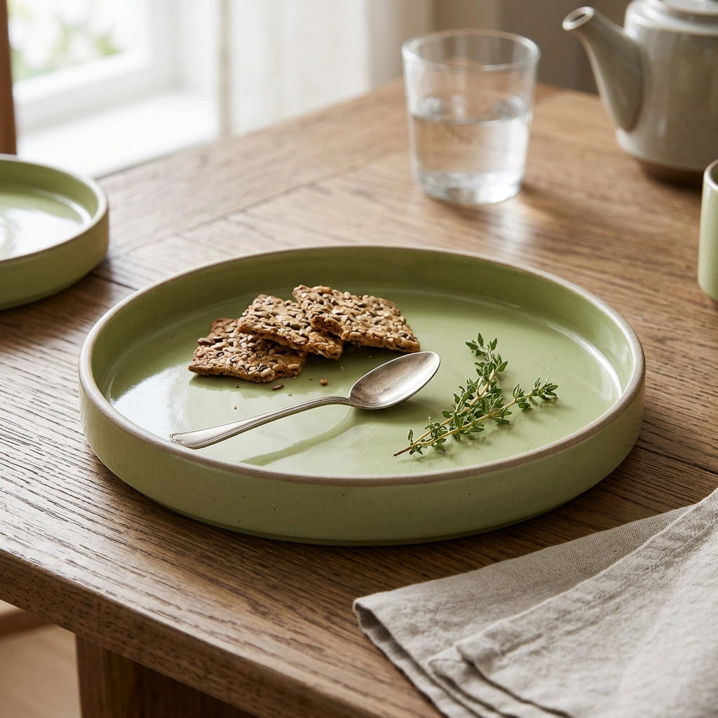 Household Tableware Solid Color Ceramic Bowl — Cyan-9.4inches in a home setting; styling props not included. [fastbatch-8]