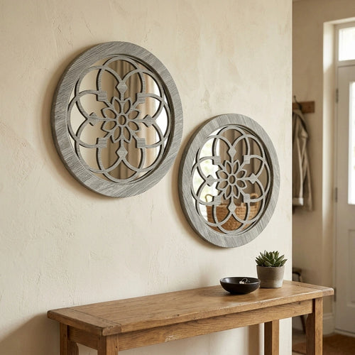 2 Pack Rustic Round Wooden Wall Mirror, Hollow Floral Carved Decorative Mirror, Farmhouse Wall Hanging Art For Home Decoration — 30cm round mirror in a home setting; styling props not included. [fastbatch-81]