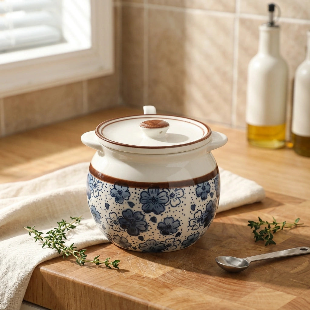 Lard Jar Kitchen Ceramic Seasoning Jar — Cherry Blossom 700ml in a home setting; styling props not included. [fastbatch-82]