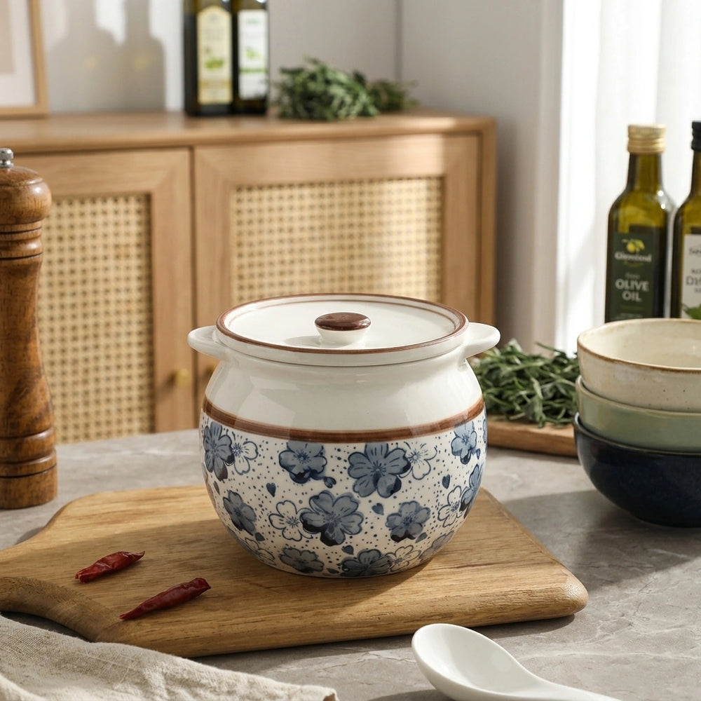 Lard Jar Kitchen Ceramic Seasoning Jar — Cherry 1400ml in a home setting; styling props not included. [fastbatch-83]