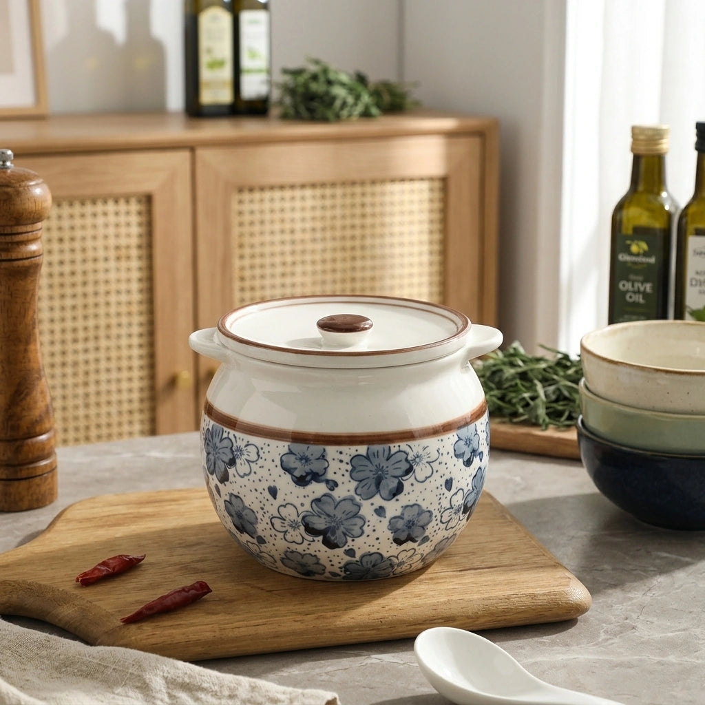 Lard Jar Kitchen Ceramic Seasoning Jar — Cherry 1400ml in a home setting; styling props not included. [fastbatch-83]