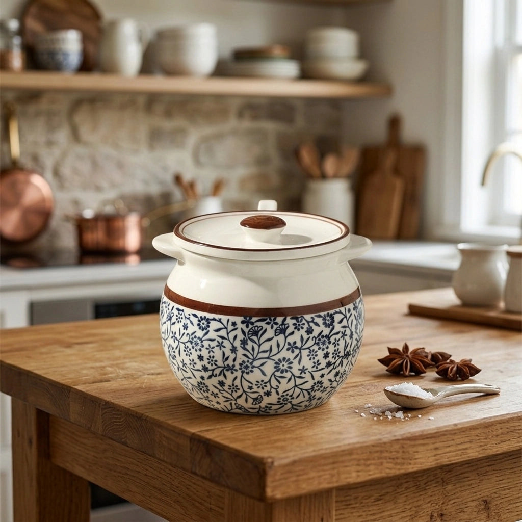 Lard Jar Kitchen Ceramic Seasoning Jar — Rhynchophylla Flowers 700ml in a home setting; styling props not included. [fastbatch-86]