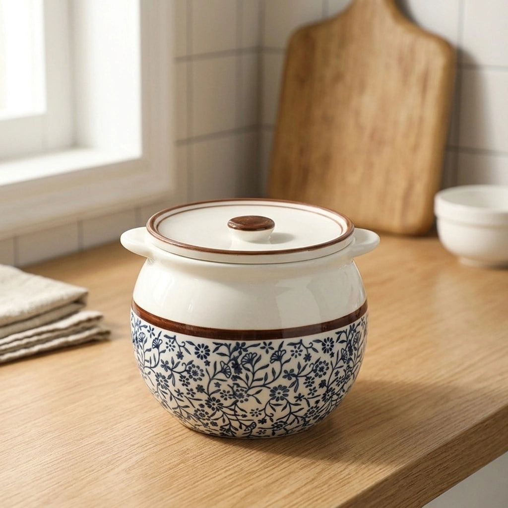 Lard Jar Kitchen Ceramic Seasoning Jar — Rhynchophylla Flowers 1400ml in a home setting; styling props not included. [fastbatch-87]