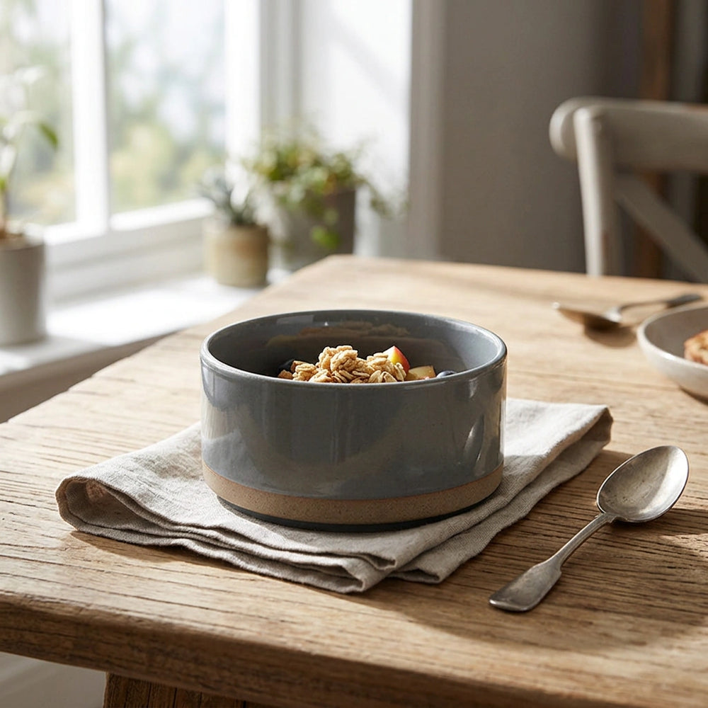 Household Tableware Solid Color Ceramic Bowl — Grey-4.8inches in a home setting; styling props not included. [fastbatch-9]