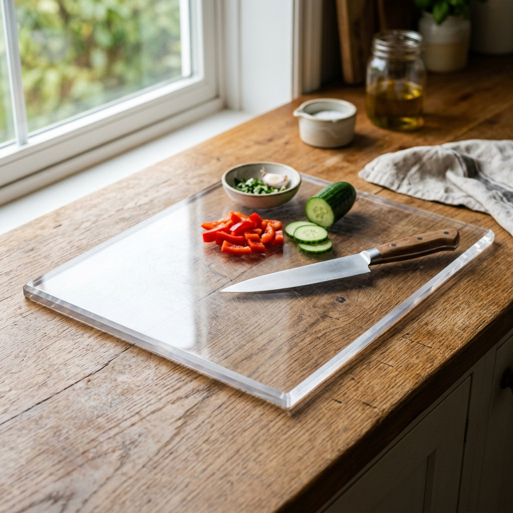 Acrylic Kitchen Cutting Board – Size 45x40 cm, shown in a home setting