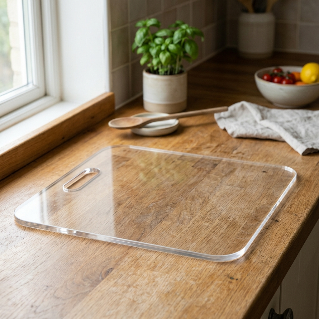 Acrylic Kitchen Cutting Board – Size 45x40 cm, shown in a home setting