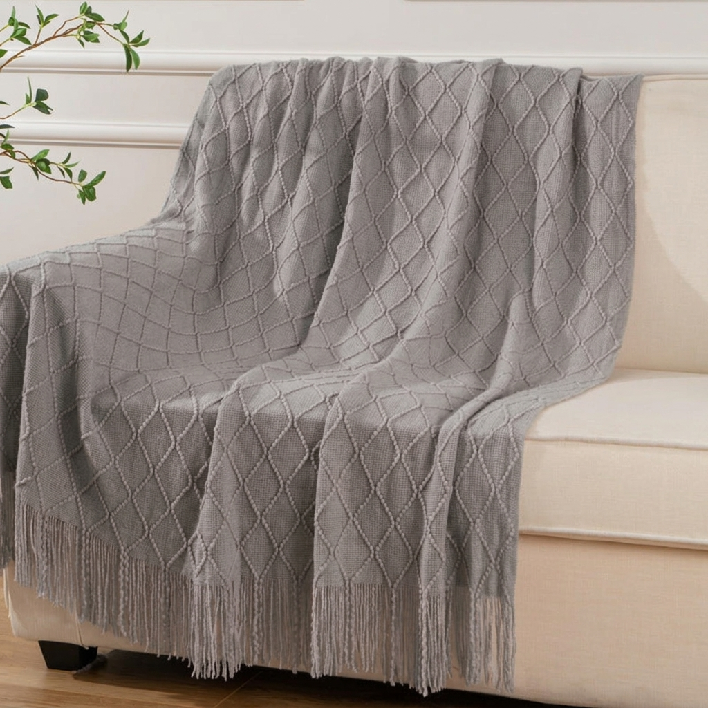 Acrylic Knit Throw Blanket with Tassels – Gray, shown in a home setting