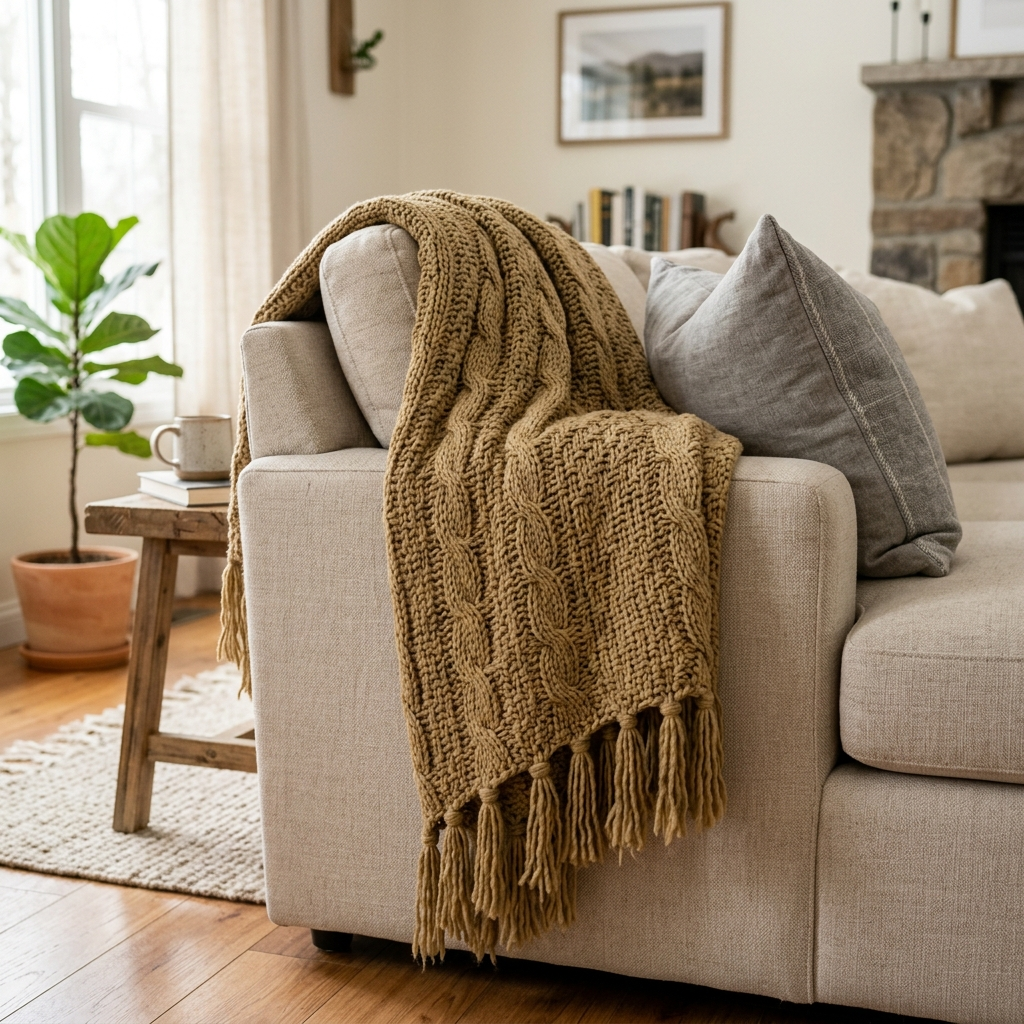 Acrylic Knit Throw Blanket with Tassels – Color Khaki, shown in a home setting
