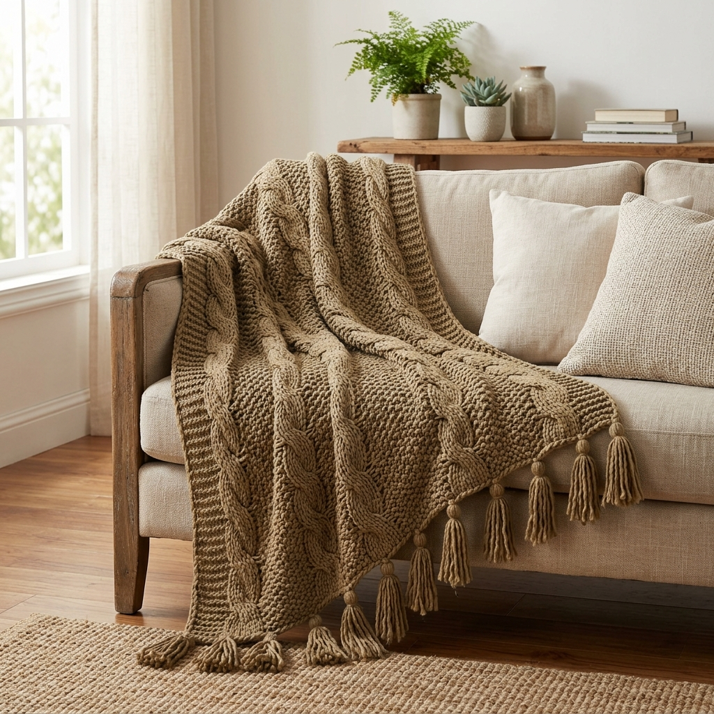 Acrylic Knit Throw Blanket with Tassels – Khaki, shown in a home setting