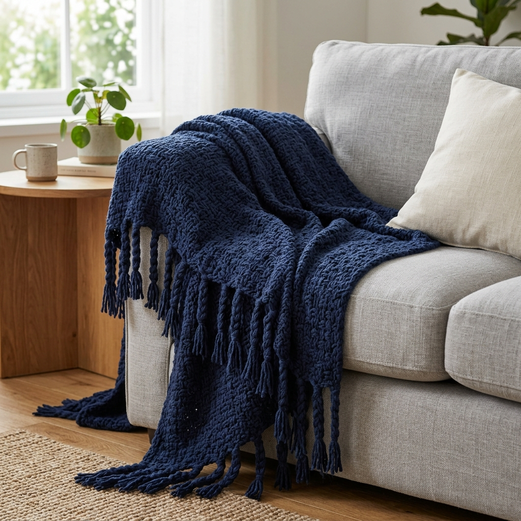 Acrylic Knit Throw Blanket with Tassels – Color Navy Blue, shown in a home setting