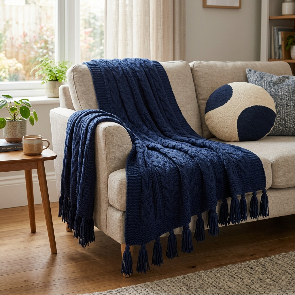 Acrylic Knit Throw Blanket with Tassels – Navy Blue, shown in a home setting