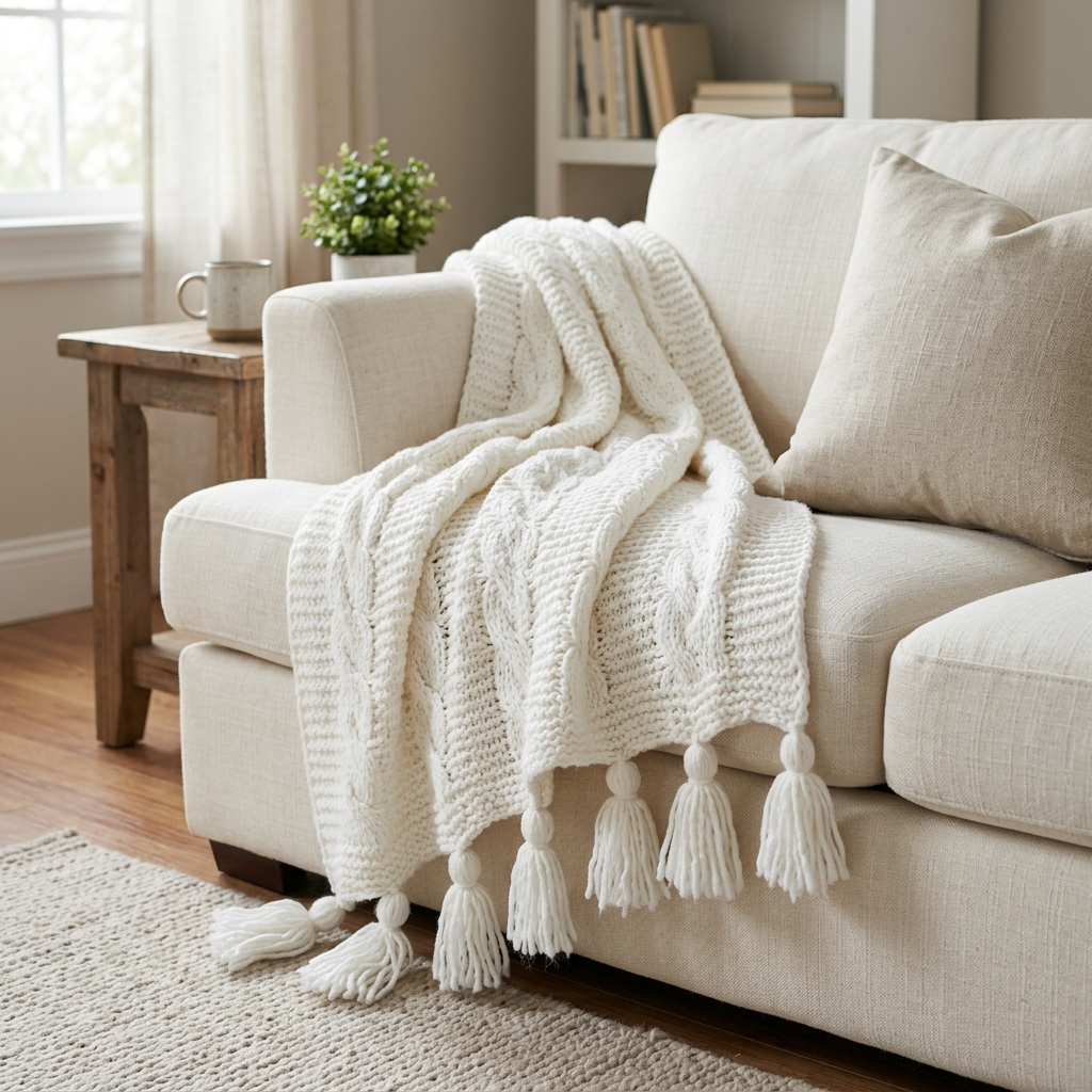 Acrylic Knit Throw Blanket with Tassels – Color White, shown in a home setting