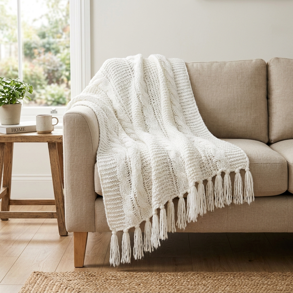 Acrylic Knit Throw Blanket with Tassels – White, shown in a home setting