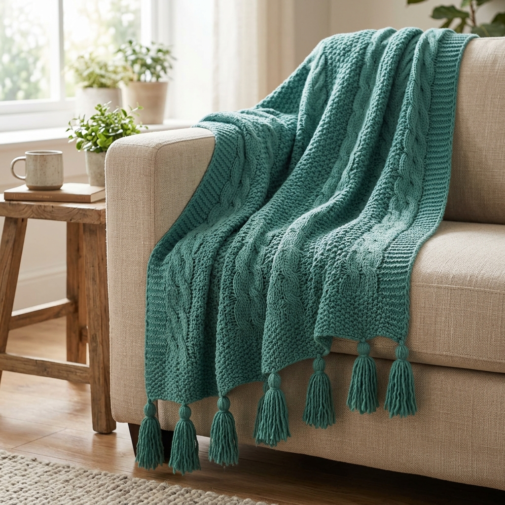 Acrylic Knit Throw Blanket with Tassels – Color Lake Water Green Color, shown in a home setting