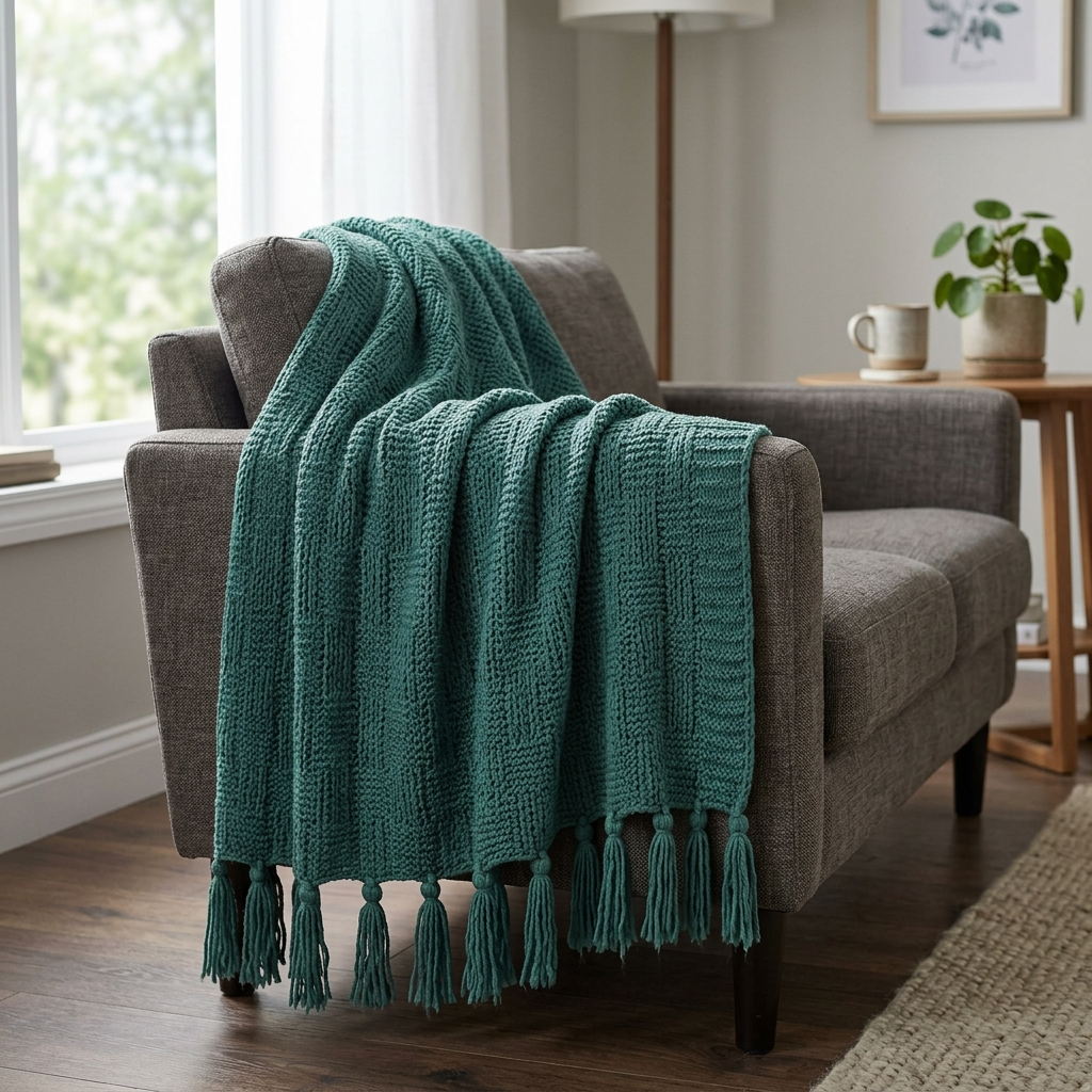 Acrylic Knit Throw Blanket with Tassels – Lake Water Green Color, shown in a home setting