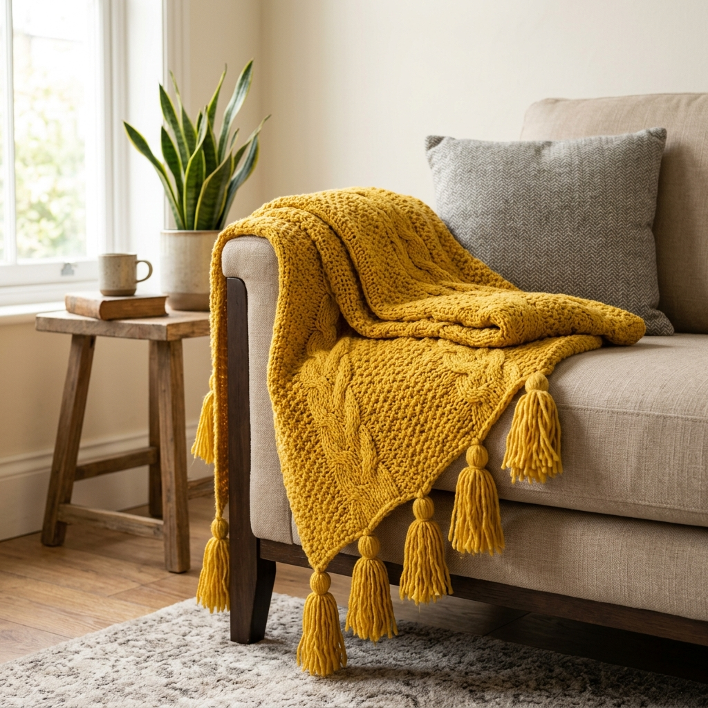Acrylic Knit Throw Blanket with Tassels – Color Yellow, shown in a home setting