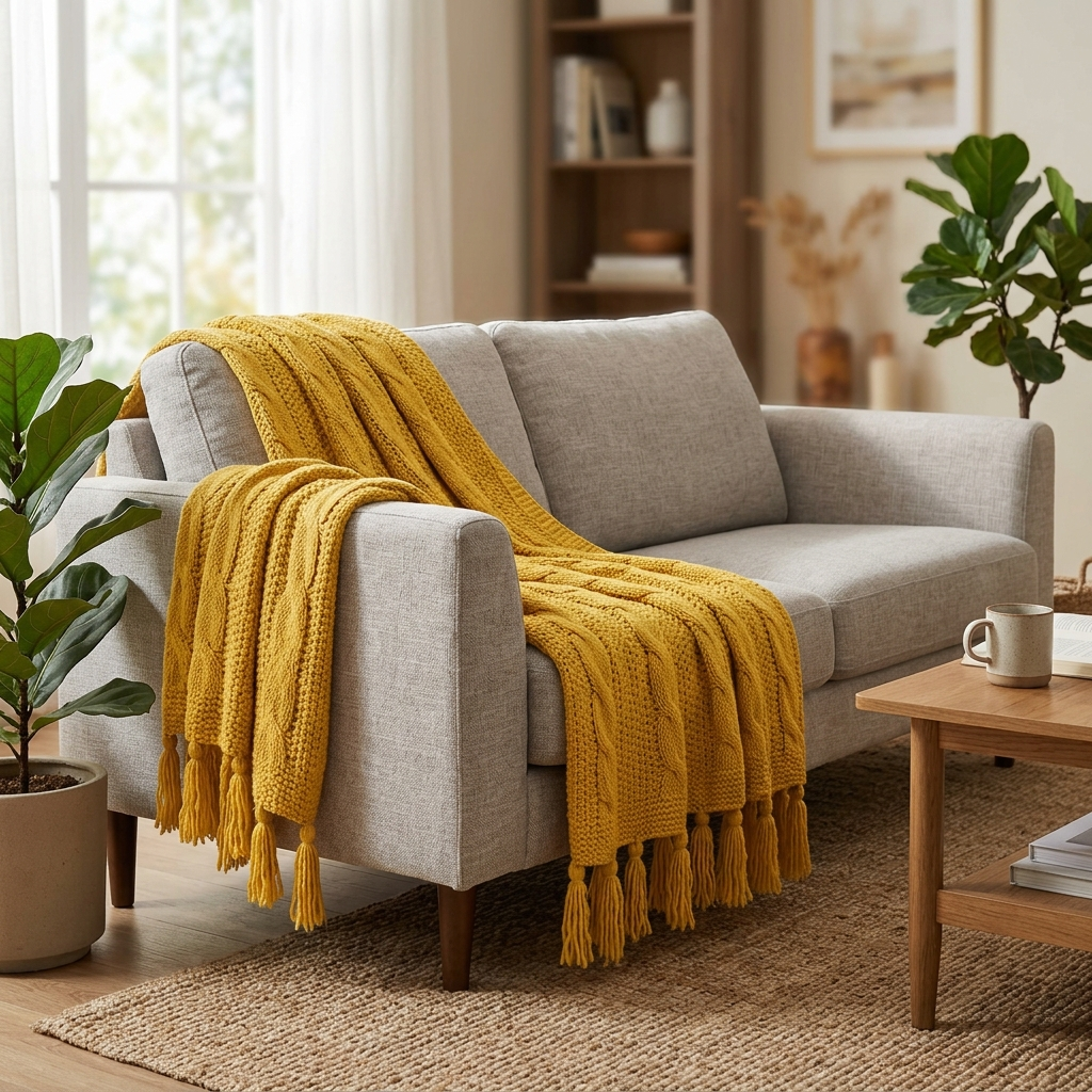 Acrylic Knit Throw Blanket with Tassels – Yellow, shown in a home setting