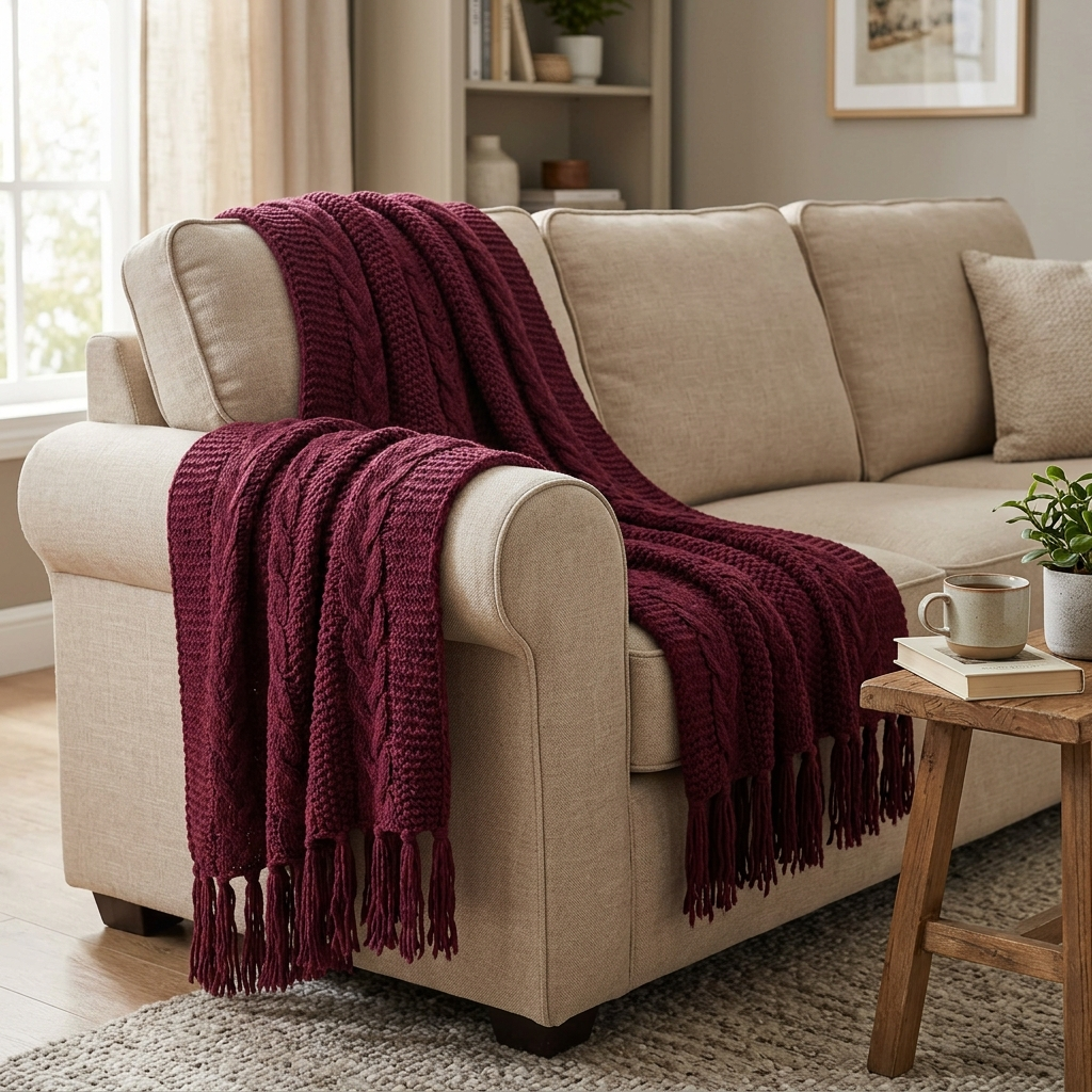 Acrylic Knit Throw Blanket with Tassels – Color Purplish Red, shown in a home setting