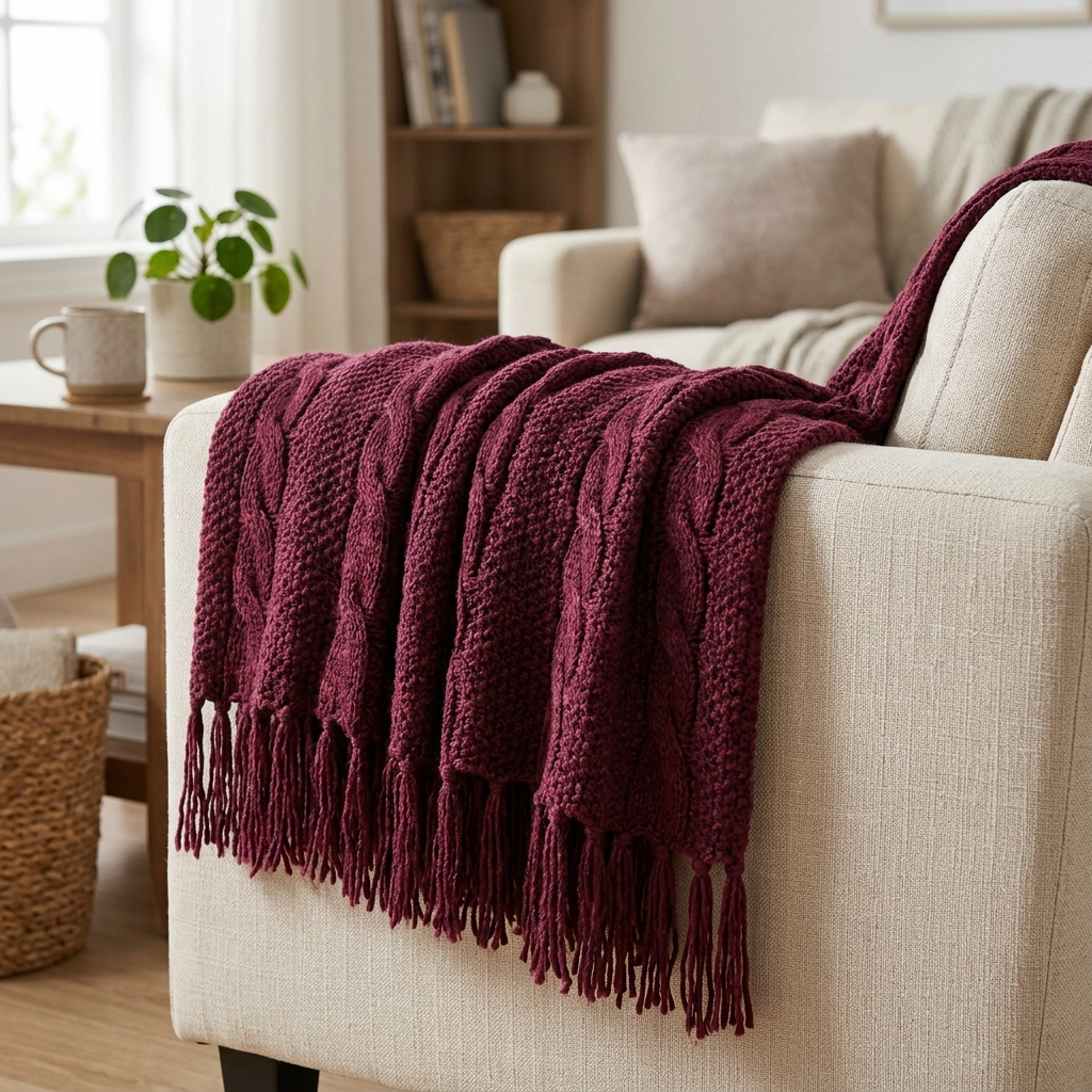 Acrylic Knit Throw Blanket with Tassels – Purplish Red, shown in a home setting