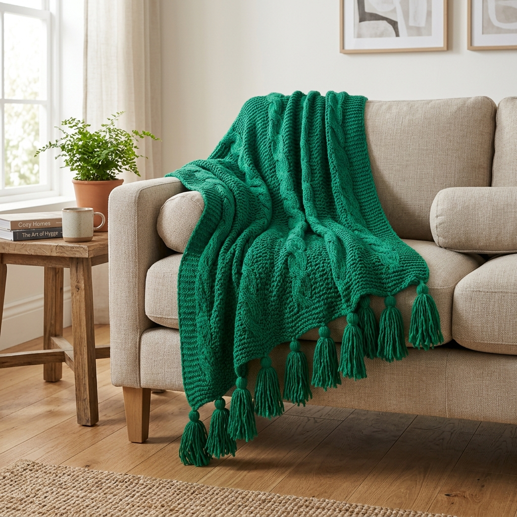 Acrylic Knit Throw Blanket with Tassels – Color Emerald, shown in a home setting