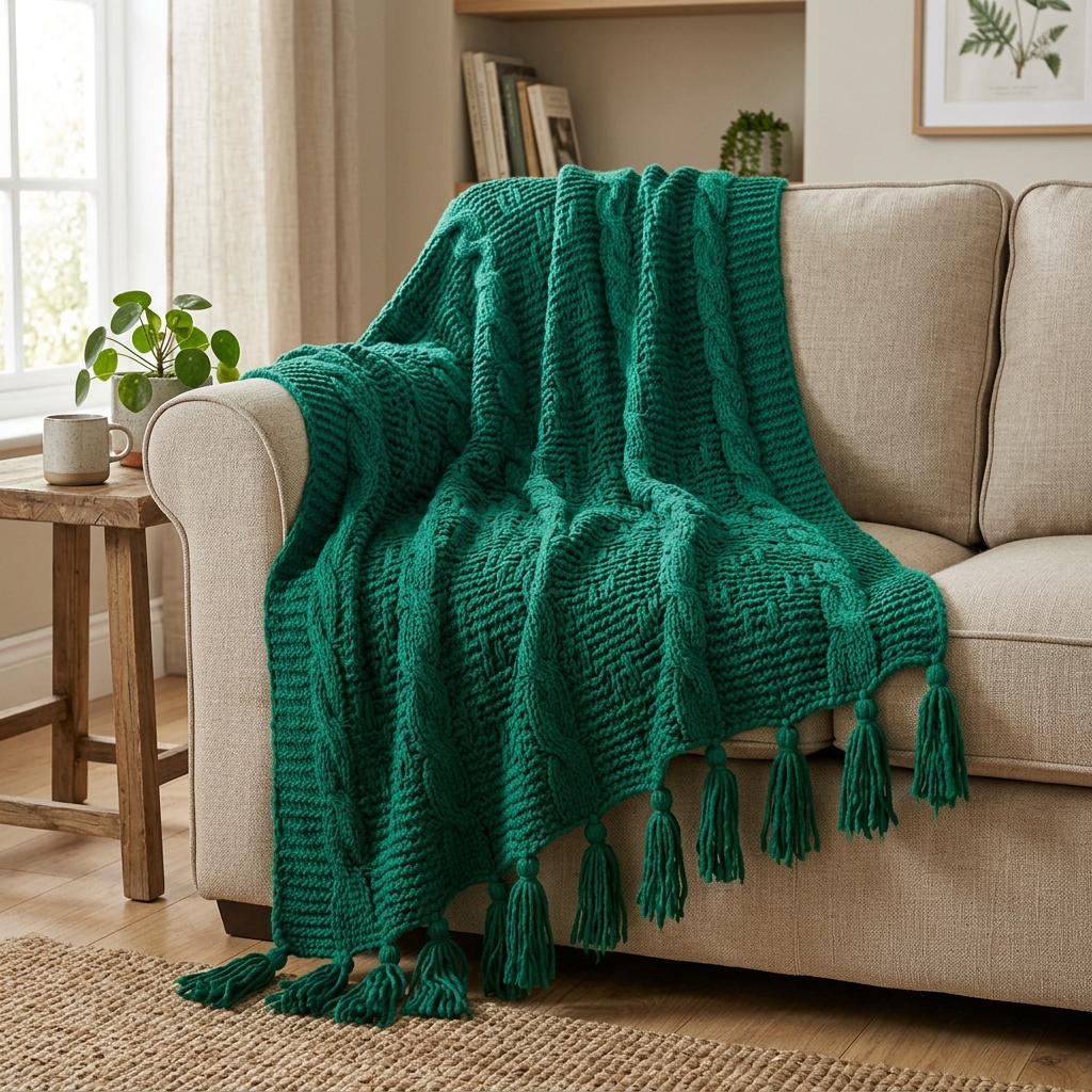 Acrylic Knit Throw Blanket with Tassels – Emerald, shown in a home setting