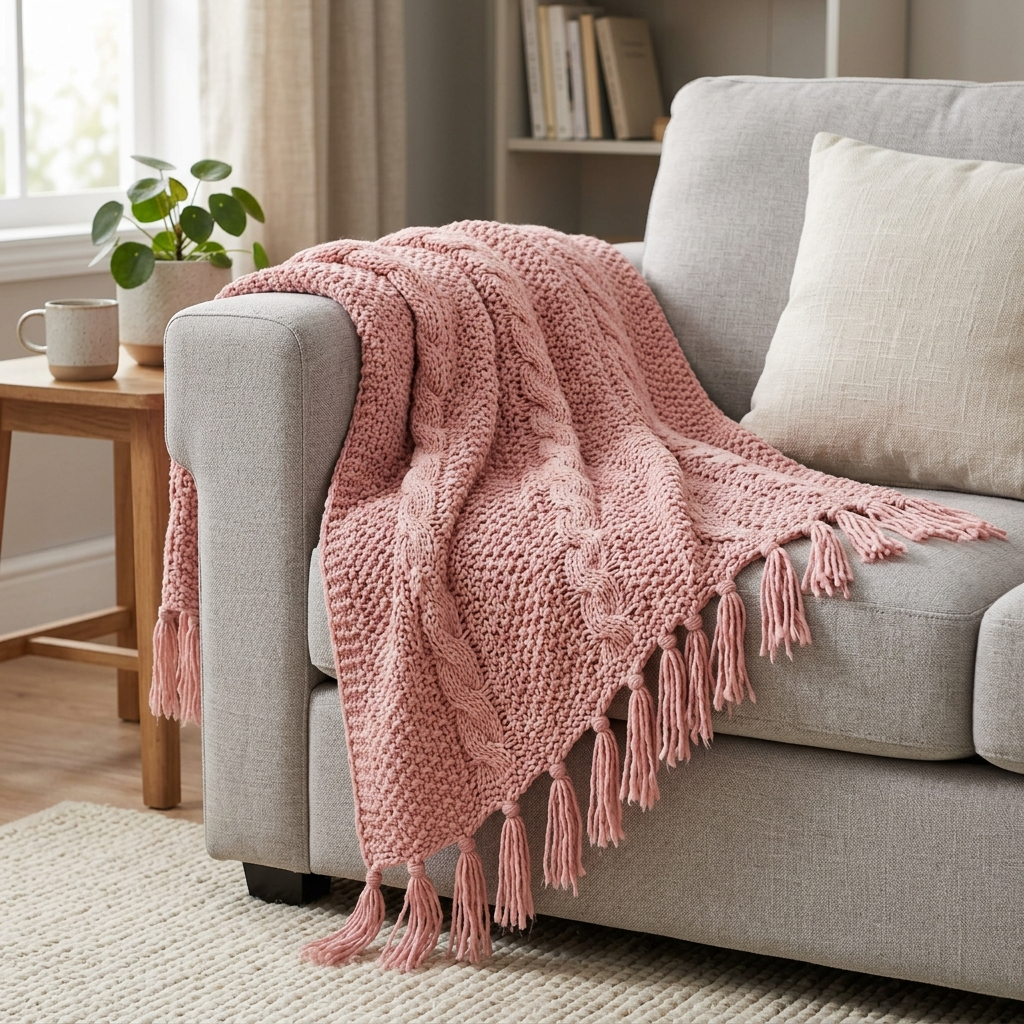 Acrylic Knit Throw Blanket with Tassels – Color Pink, shown in a home setting