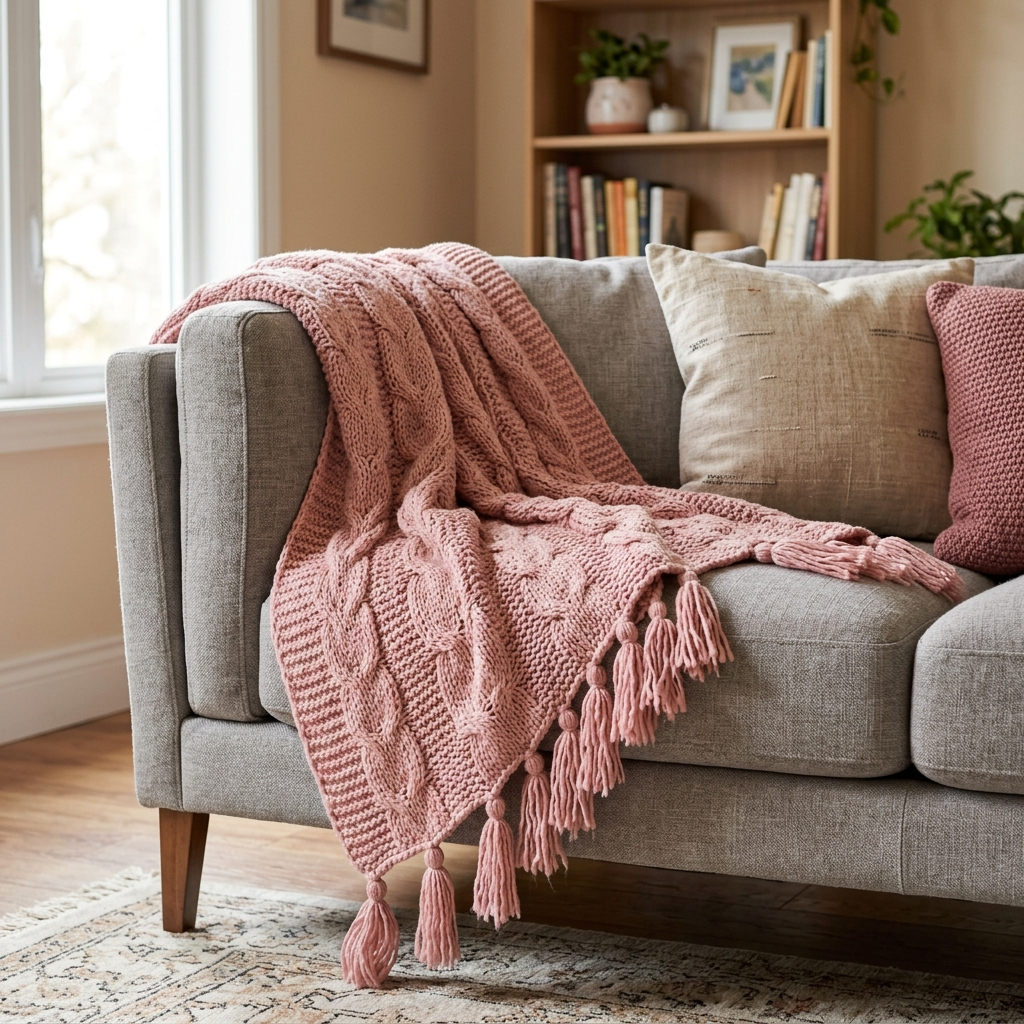 Acrylic Knit Throw Blanket with Tassels – Pink, shown in a home setting