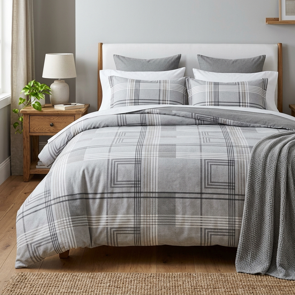 Geometric Brushed Duvet Cover, comforter cover and quilt cover — Color Plaid Gray in a home setting. [variant-scope]