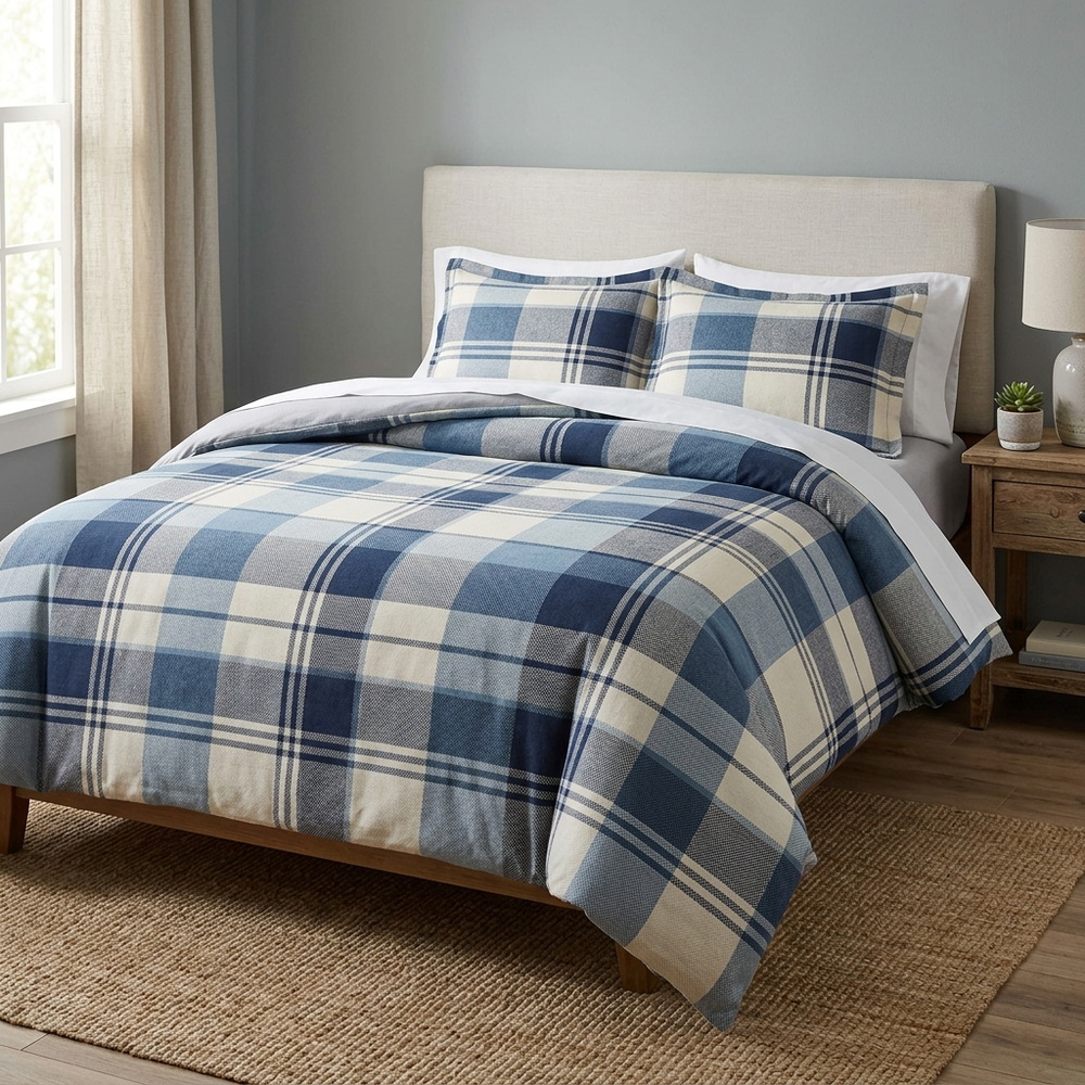 Geometric Brushed Duvet Cover, comforter cover and quilt cover — Color Plaid Blue in a home setting. [variant-scope]