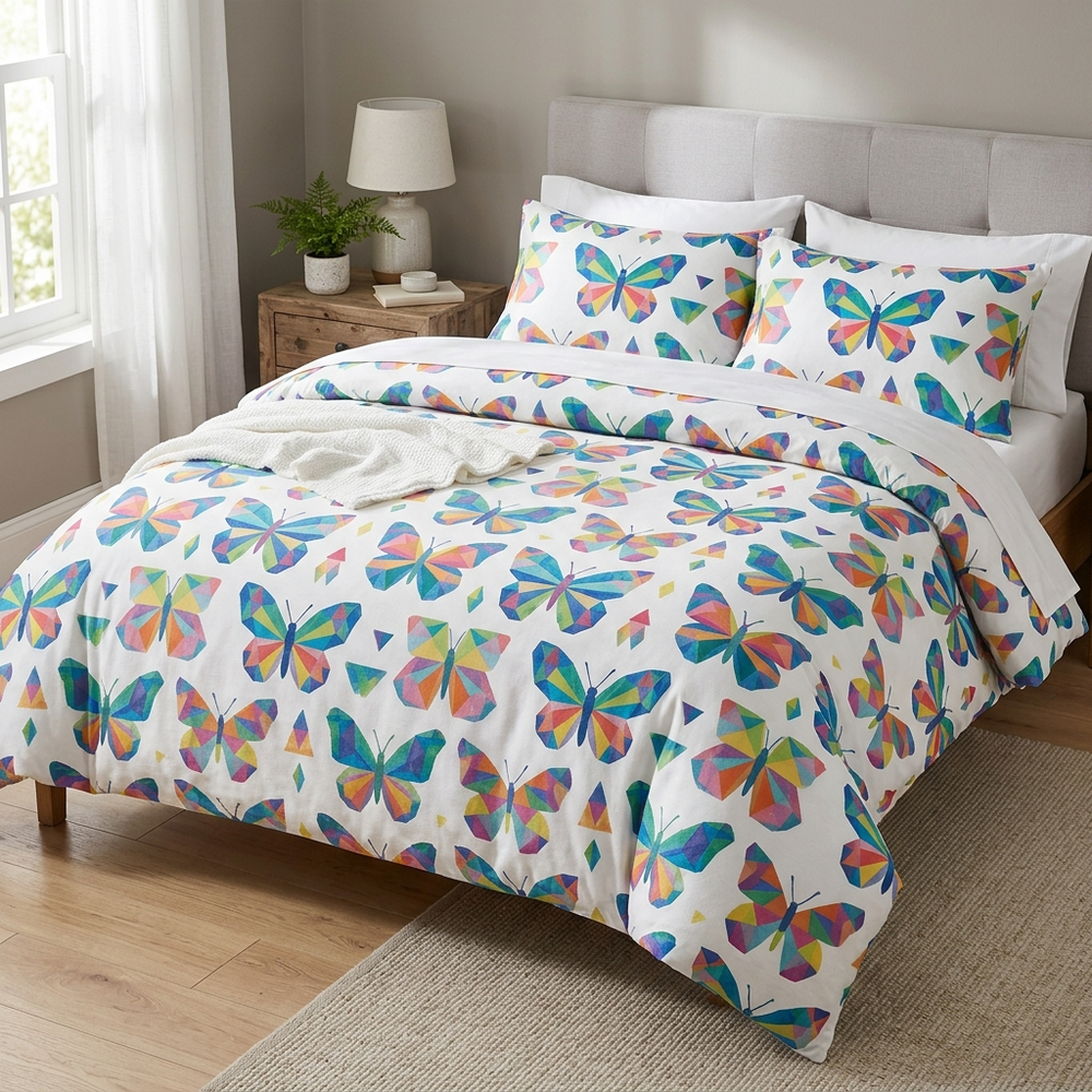 Geometric Brushed Duvet Cover, comforter cover and quilt cover — Color Fly Fly The Butterfly in a home setting. [variant-scope]