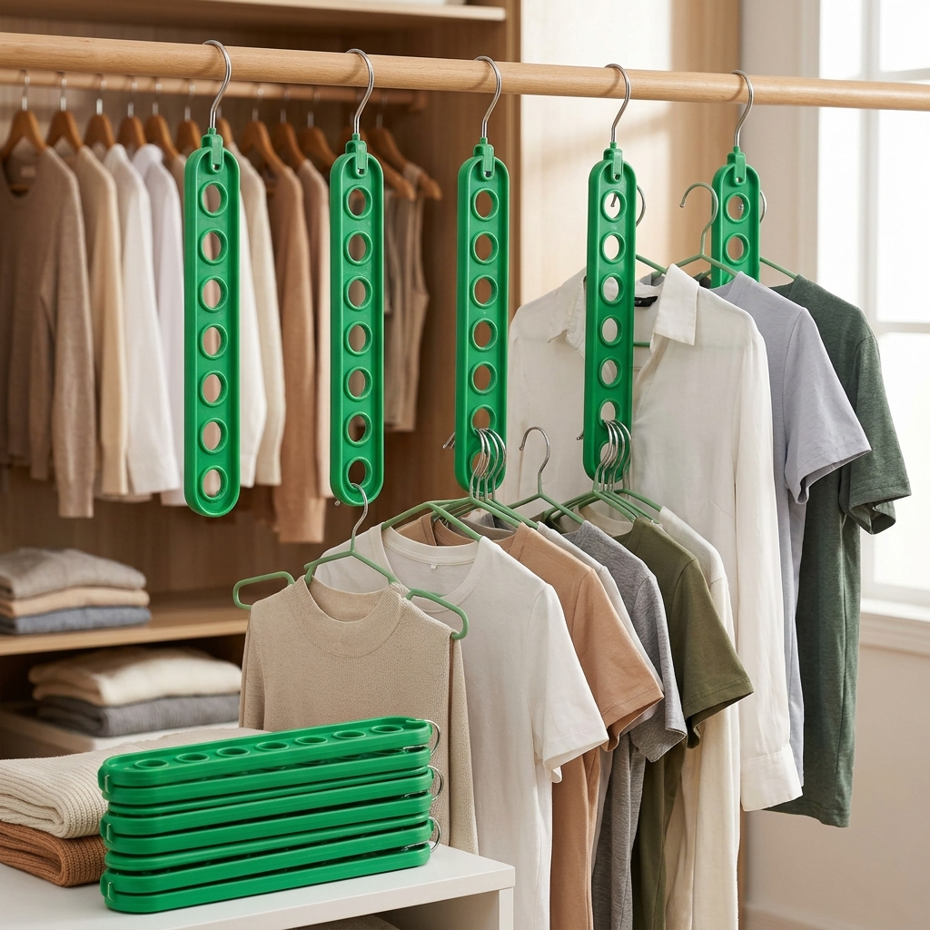 9-Hole Folding Clothes Hanger Organizer – Color Green, shown in a home setting