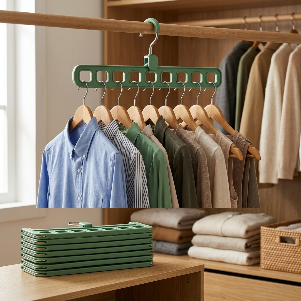 9-Hole Folding Clothes Hanger Organizer – Green, shown in a home setting