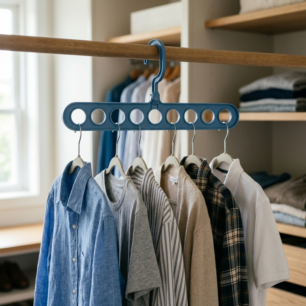 9-Hole Folding Clothes Hanger Organizer – Color Blue, shown in a home setting