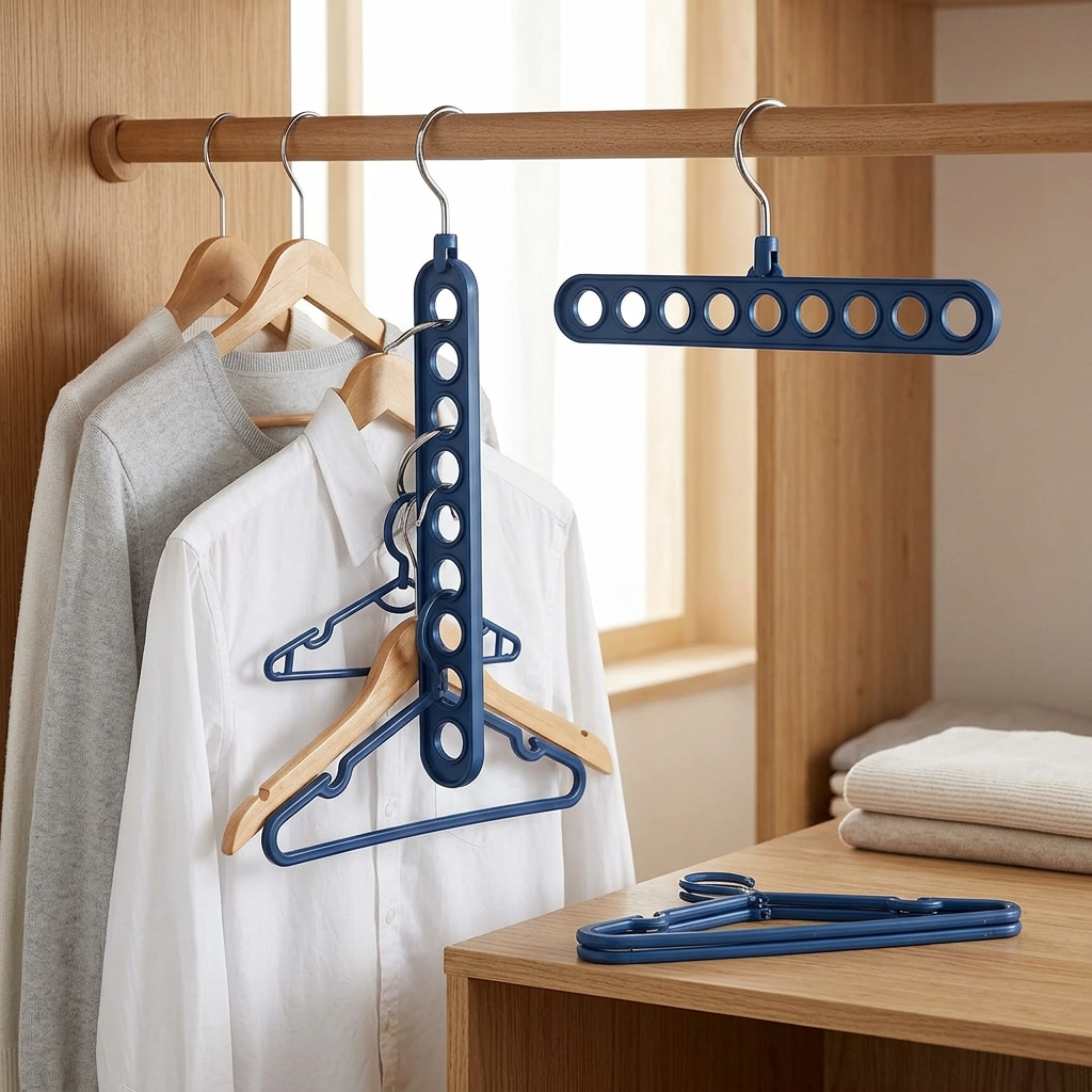 9-Hole Folding Clothes Hanger Organizer – Blue, shown in a home setting