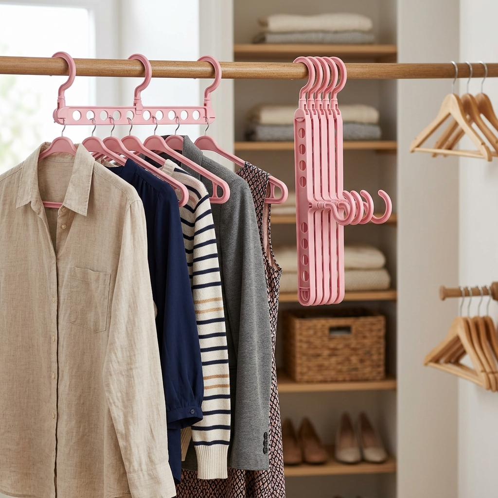 9-Hole Folding Clothes Hanger Organizer – Color Pink, shown in a home setting