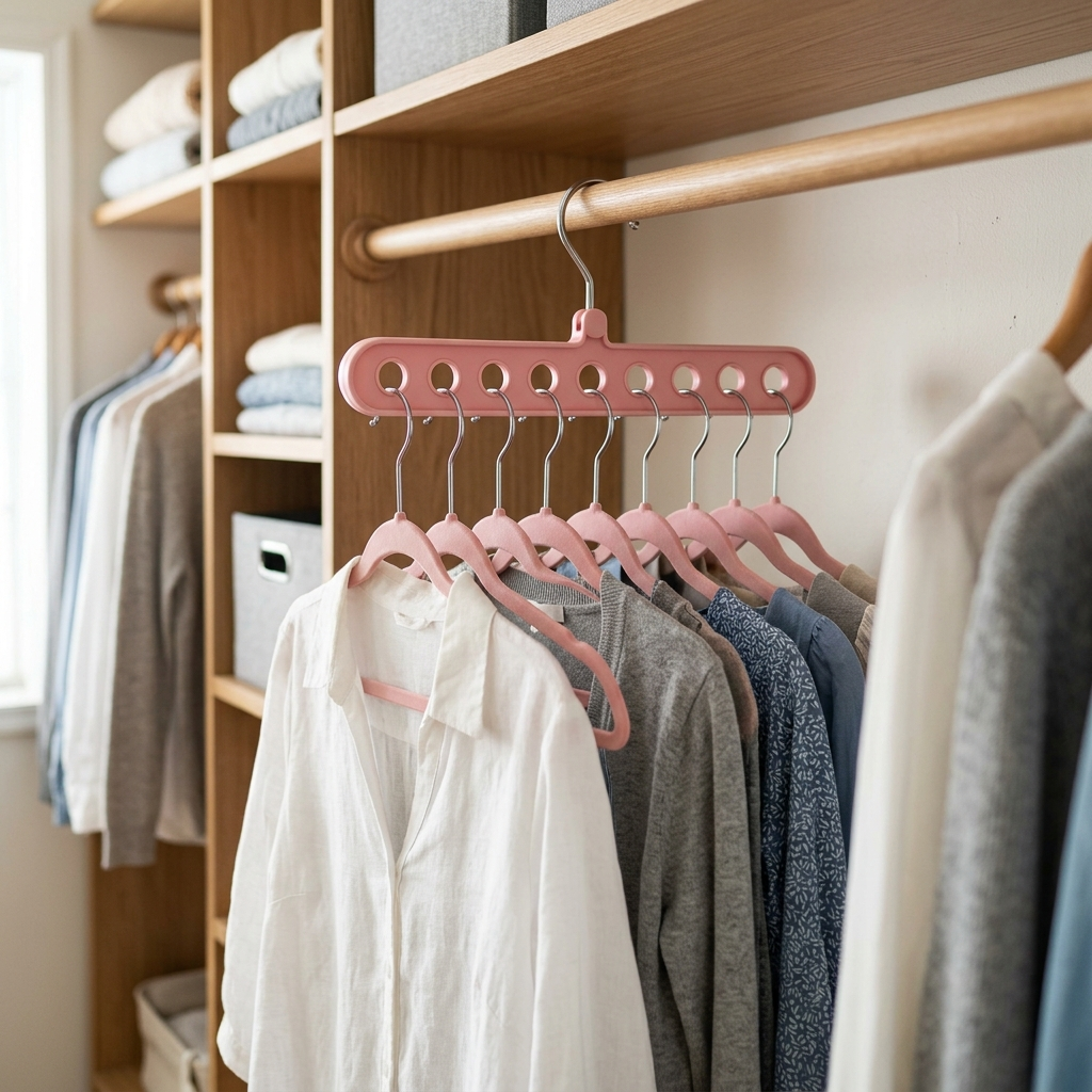 9-Hole Folding Clothes Hanger Organizer – Pink, shown in a home setting