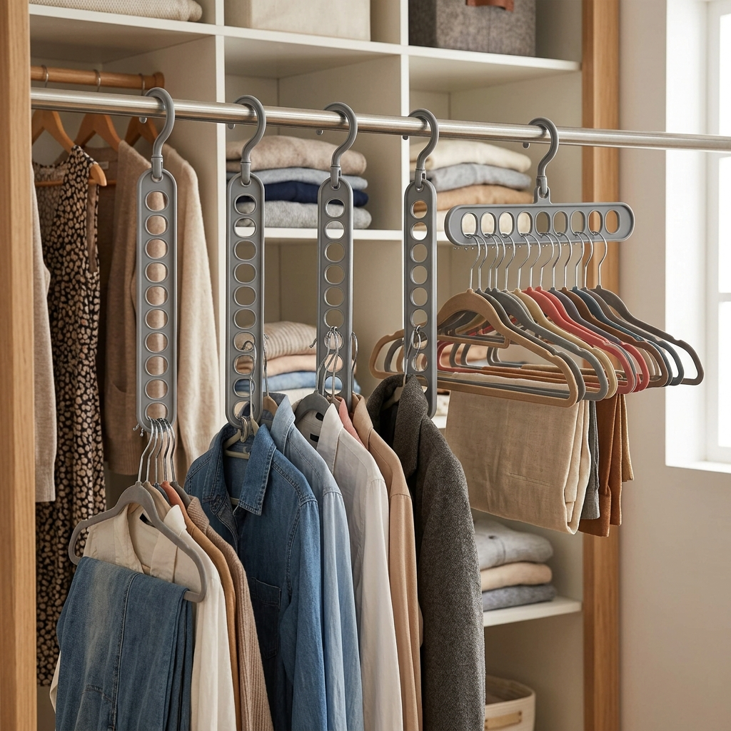 9-Hole Folding Clothes Hanger Organizer – Color Grey, shown in a home setting