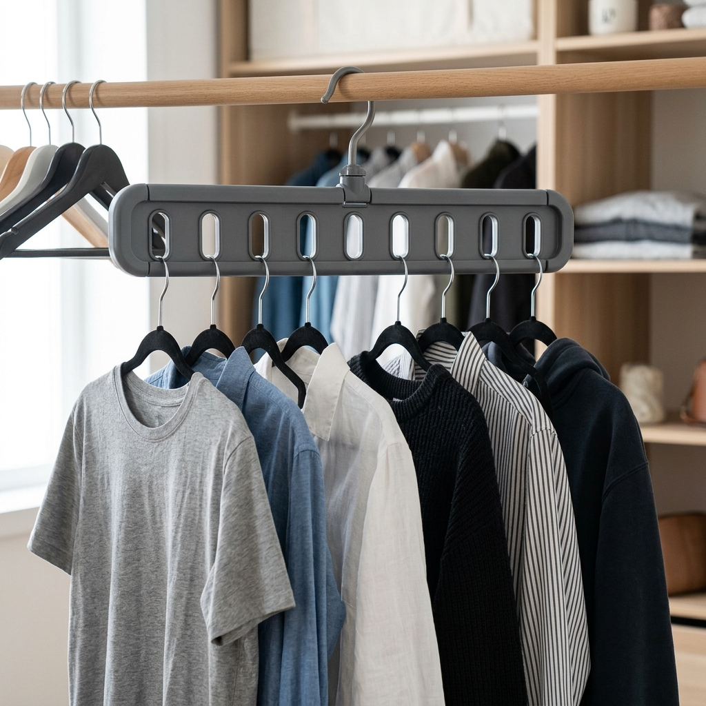 9-Hole Folding Clothes Hanger Organizer – Grey, shown in a home setting