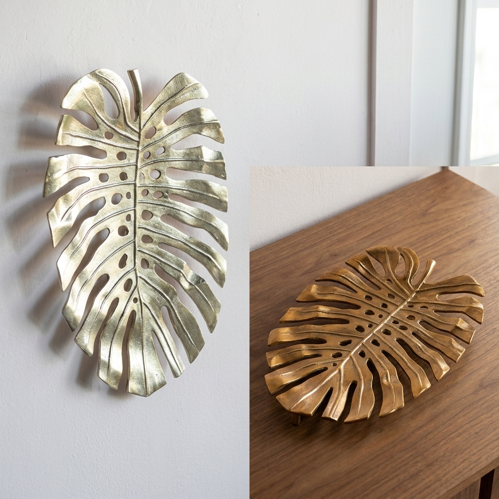Gold Aluminum Monstera Leaf Wall Decor – Color Gold, shown in a home setting